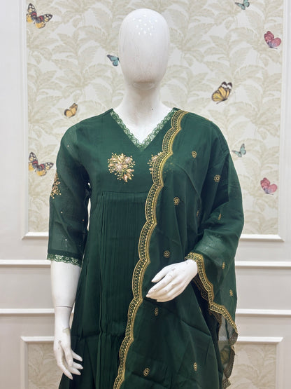Bottle Green Golden Butti Embroidered Mul Chanderi Silk 3-Piece Kurta Set