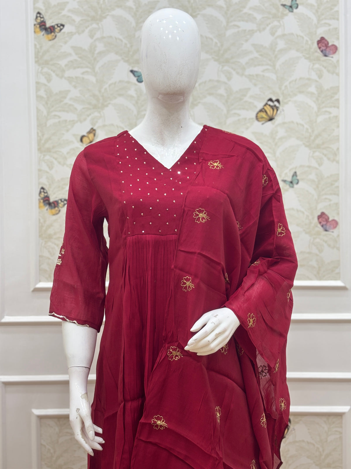 Deep Wine Floral Butti Mul Chanderi Silk 3-Piece Kurta Set