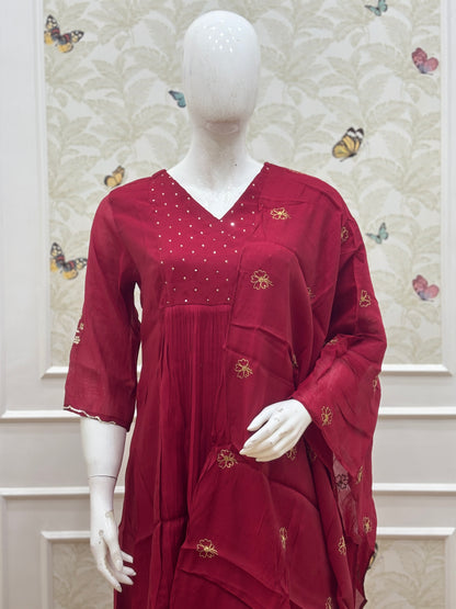 Deep Wine Floral Butti Mul Chanderi Silk 3-Piece Kurta Set
