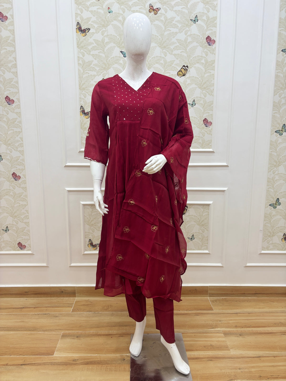 Deep Wine Floral Butti Mul Chanderi Silk 3-Piece Kurta Set