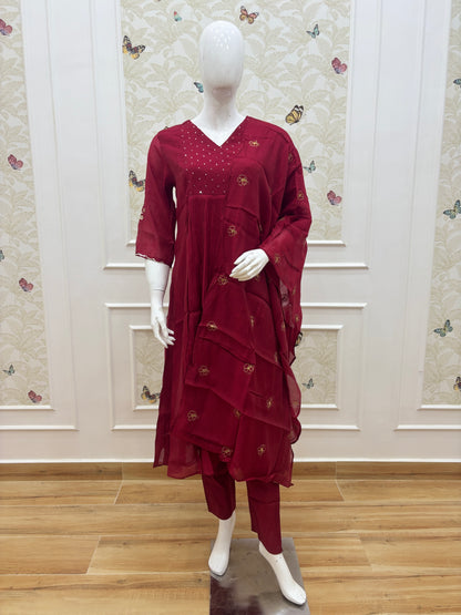 Deep Wine Floral Butti Mul Chanderi Silk 3-Piece Kurta Set