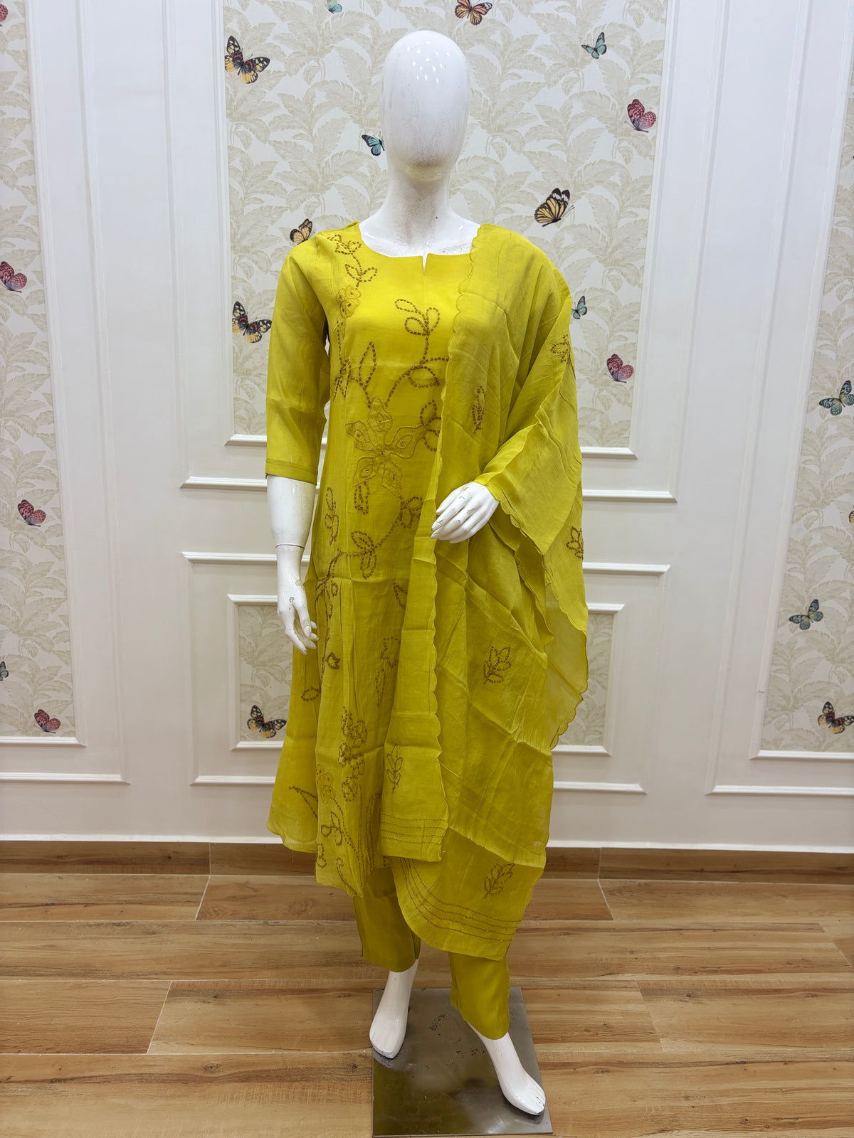Lime Yellow Floral Embroidered Mul Chanderi Cotton 3-Piece Kurta Set