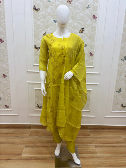 Lime Yellow Floral Embroidered Mul Chanderi Cotton 3-Piece Kurta Set