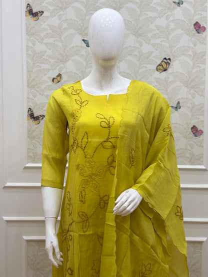 Lime Yellow Floral Embroidered Mul Chanderi Cotton 3-Piece Kurta Set