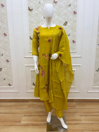 Mustard Yellow Floral Embroidered Chanderi Cotton 3-Piece Set