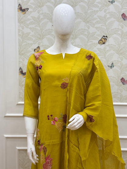 Mustard Yellow Floral Embroidered Chanderi Cotton 3-Piece Set