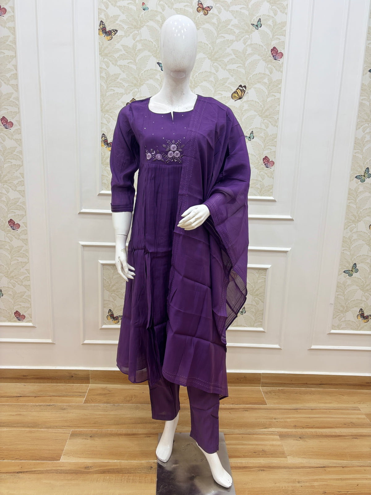 Royal Purple Embroidered Print Chanderi Cotton 3-Piece Set