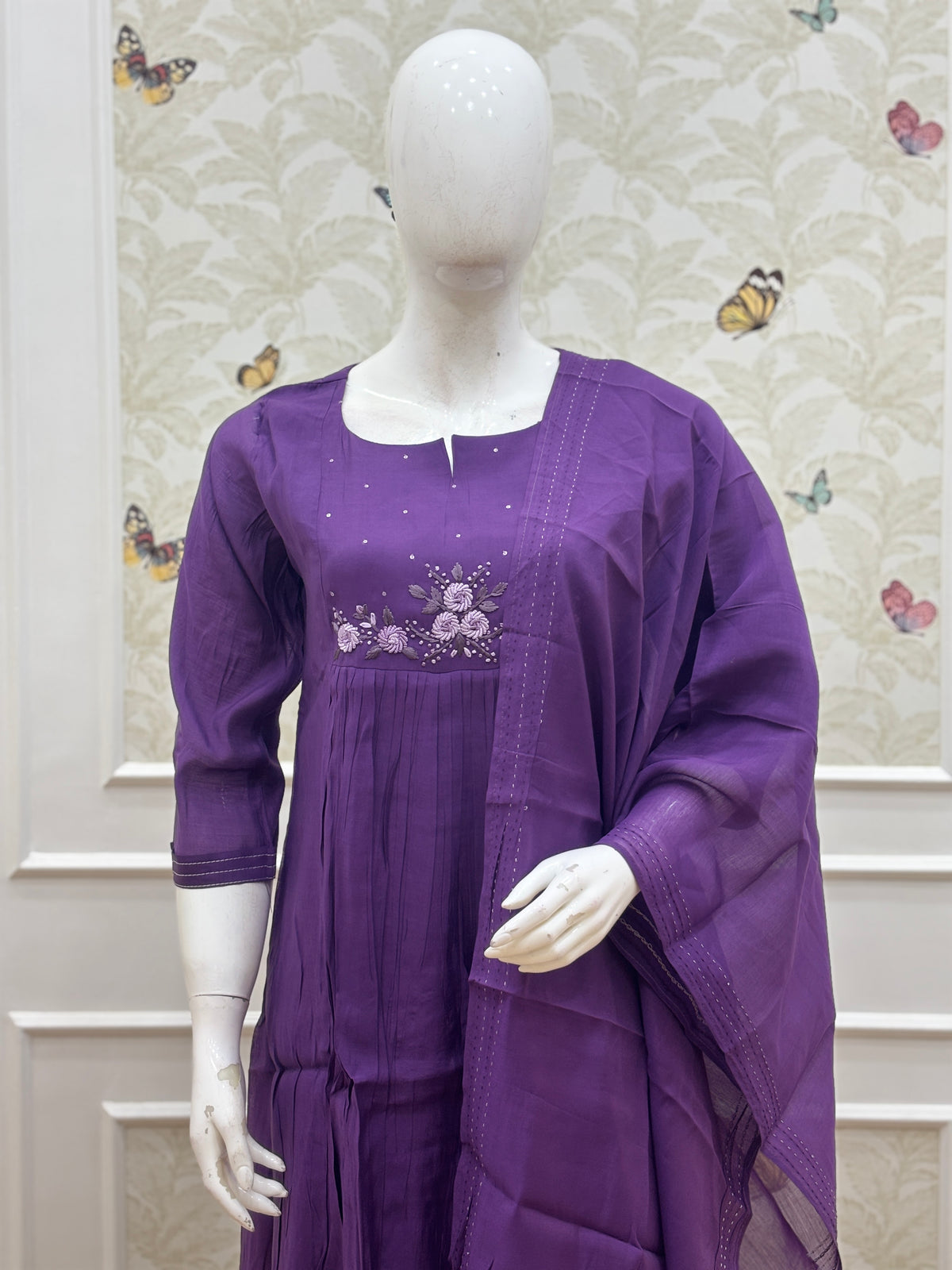 Royal Purple Embroidered Print Chanderi Cotton 3-Piece Set