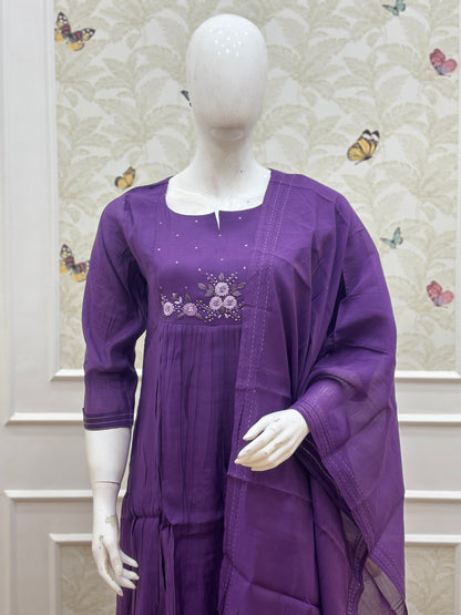 Royal Purple Embroidered Print Chanderi Cotton 3-Piece Set
