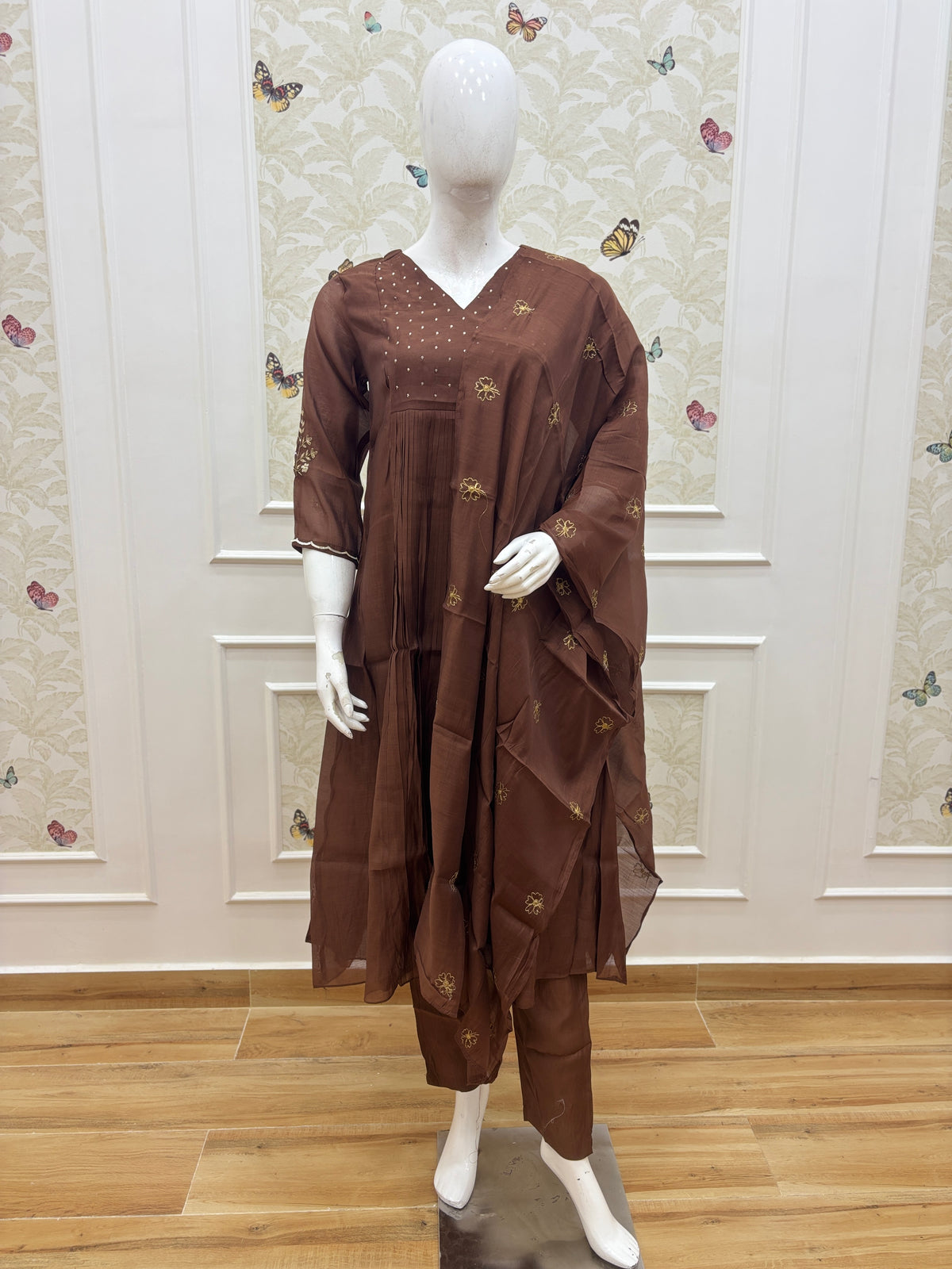 Chocolate Brown Floral Butti Mul Chanderi Silk 3-Piece Kurta Set