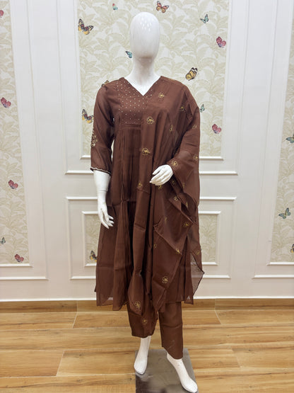 Chocolate Brown Floral Butti Mul Chanderi Silk 3-Piece Kurta Set