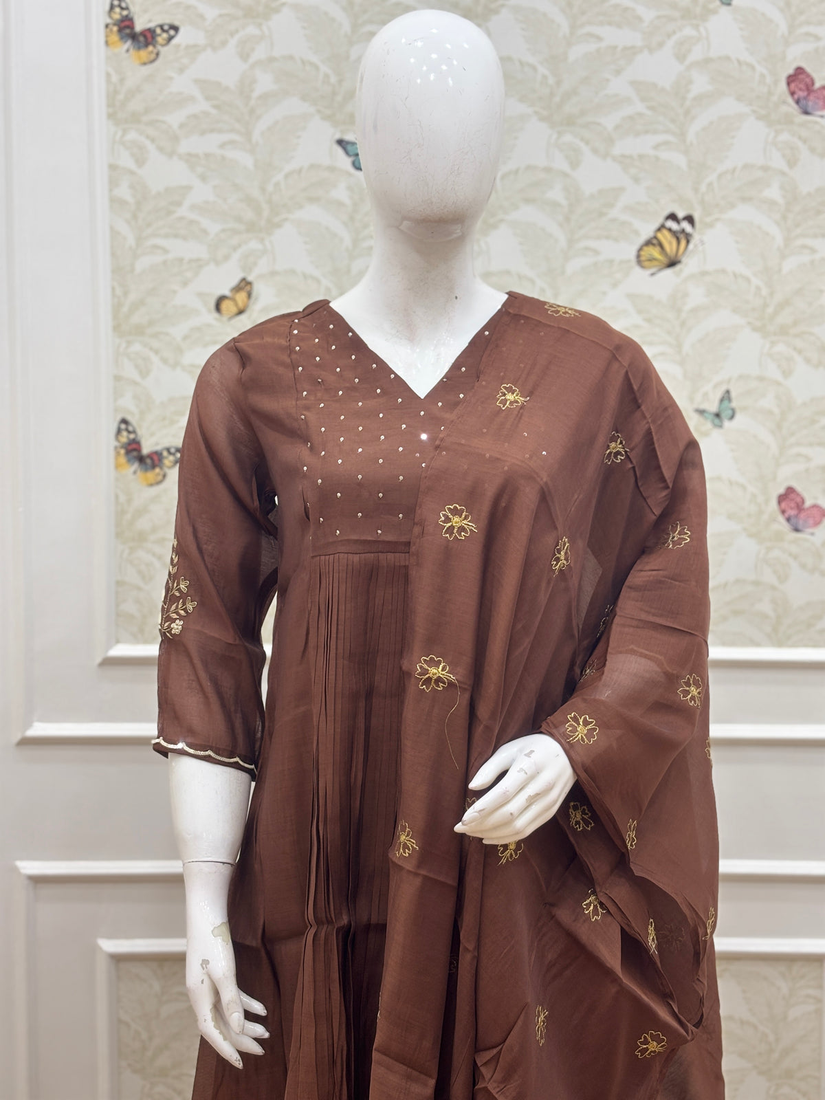 Chocolate Brown Floral Butti Mul Chanderi Silk 3-Piece Kurta Set