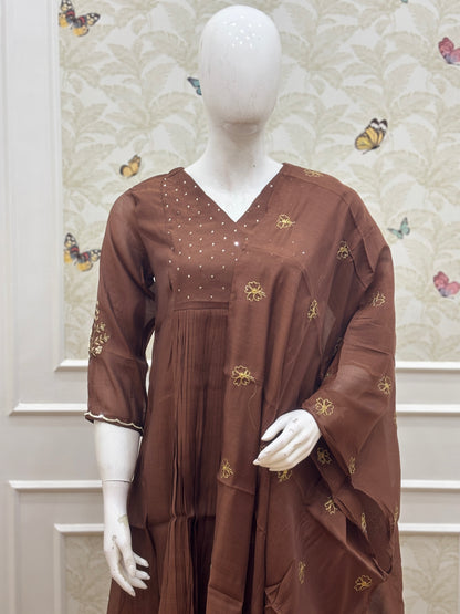 Chocolate Brown Floral Butti Mul Chanderi Silk 3-Piece Kurta Set