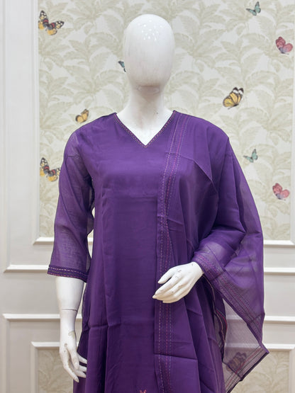 Royal Purple Floral Embroidered Mul Chanderi Silk Cotton 3-Piece Kurta Set