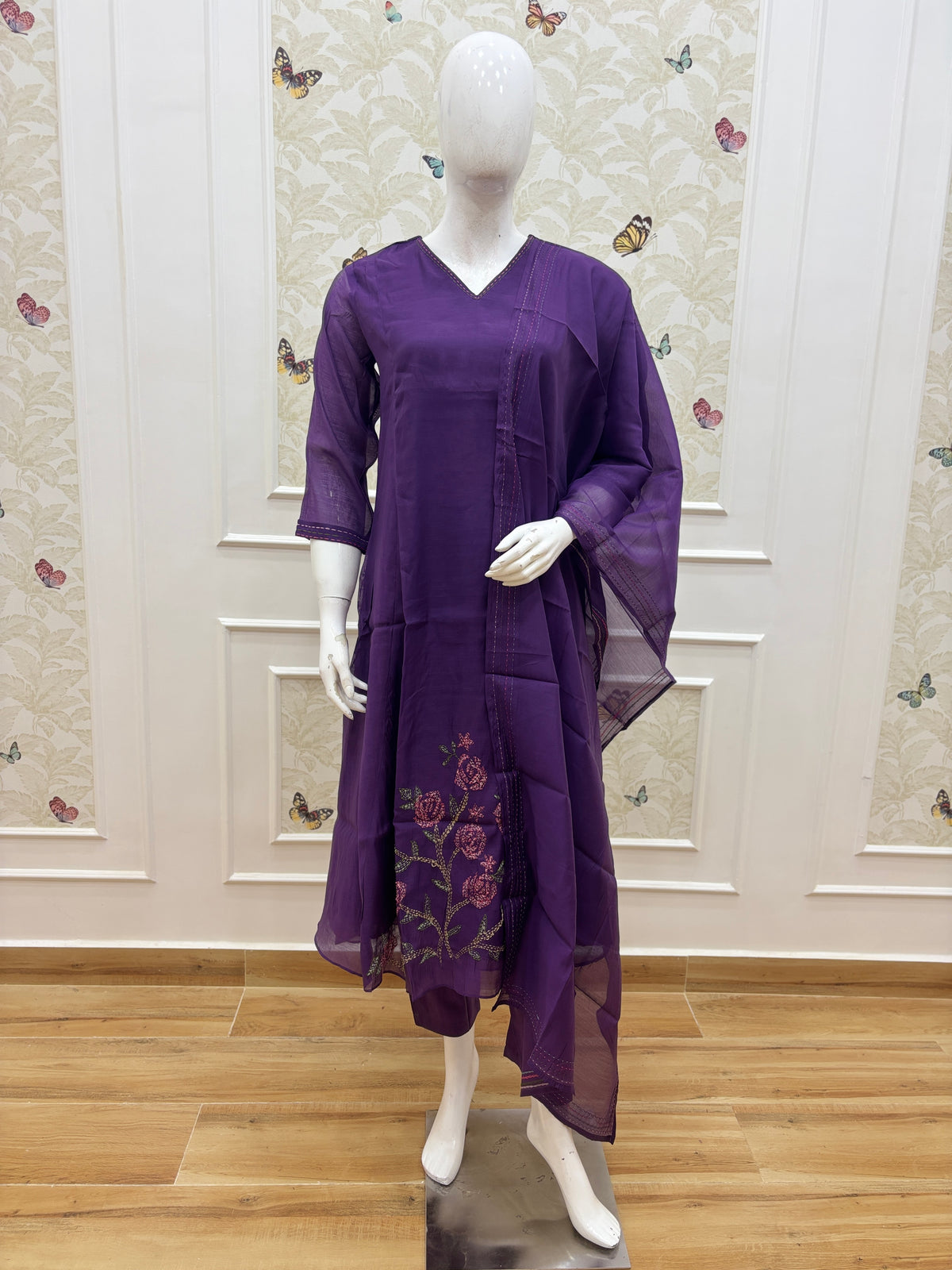 Royal Purple Floral Embroidered Mul Chanderi Silk Cotton 3-Piece Kurta Set