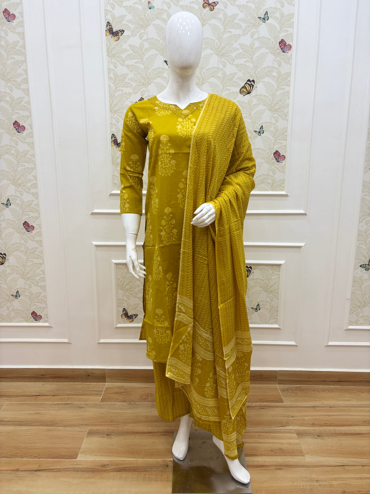 Mustard Yellow Floral Butti Cotton 3-Piece Kurta Set