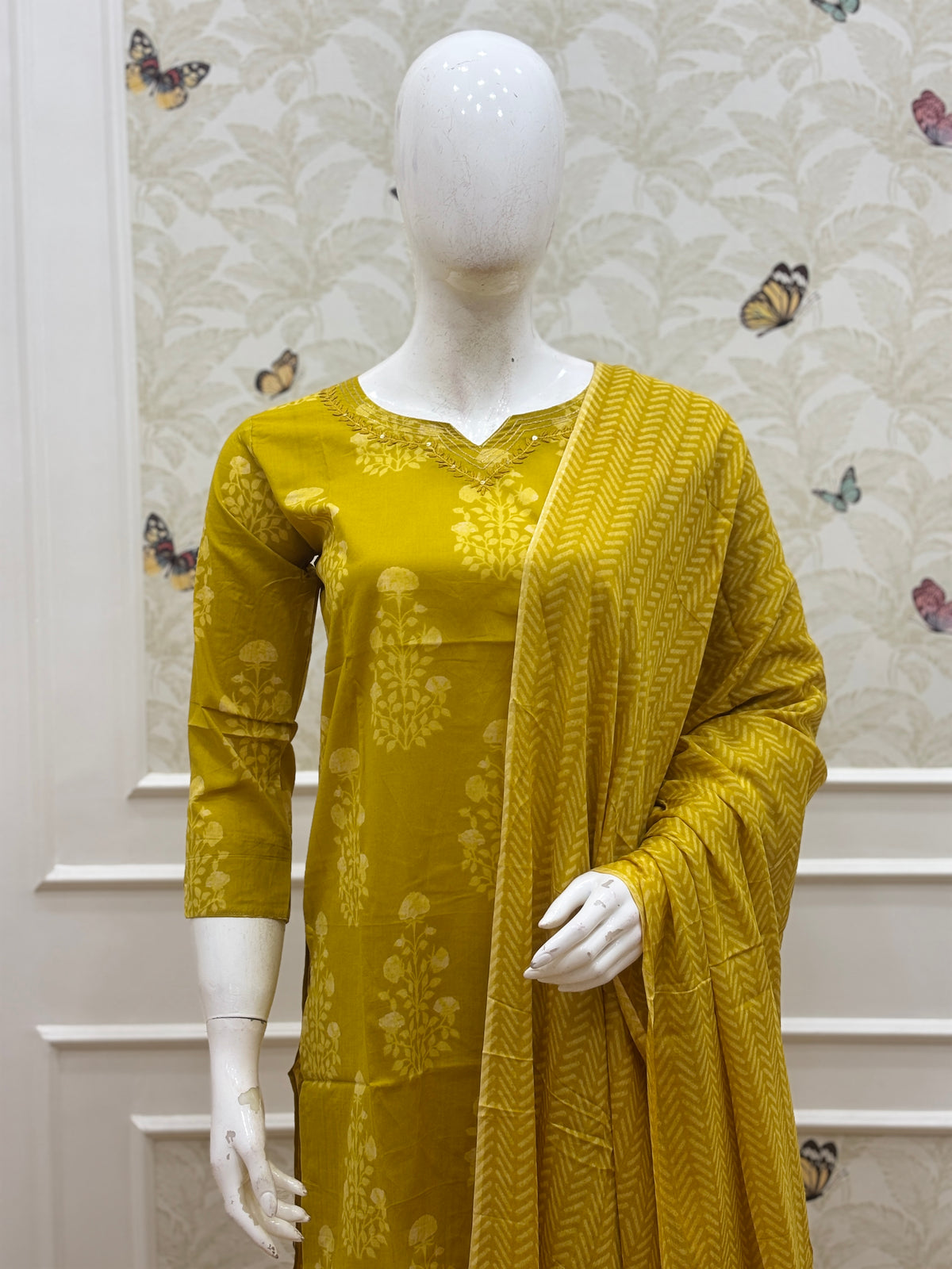 Mustard Yellow Floral Butti Cotton 3-Piece Kurta Set