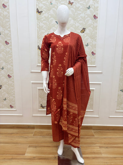 Brick Red Floral Butti Cotton 3-Piece Kurta Set