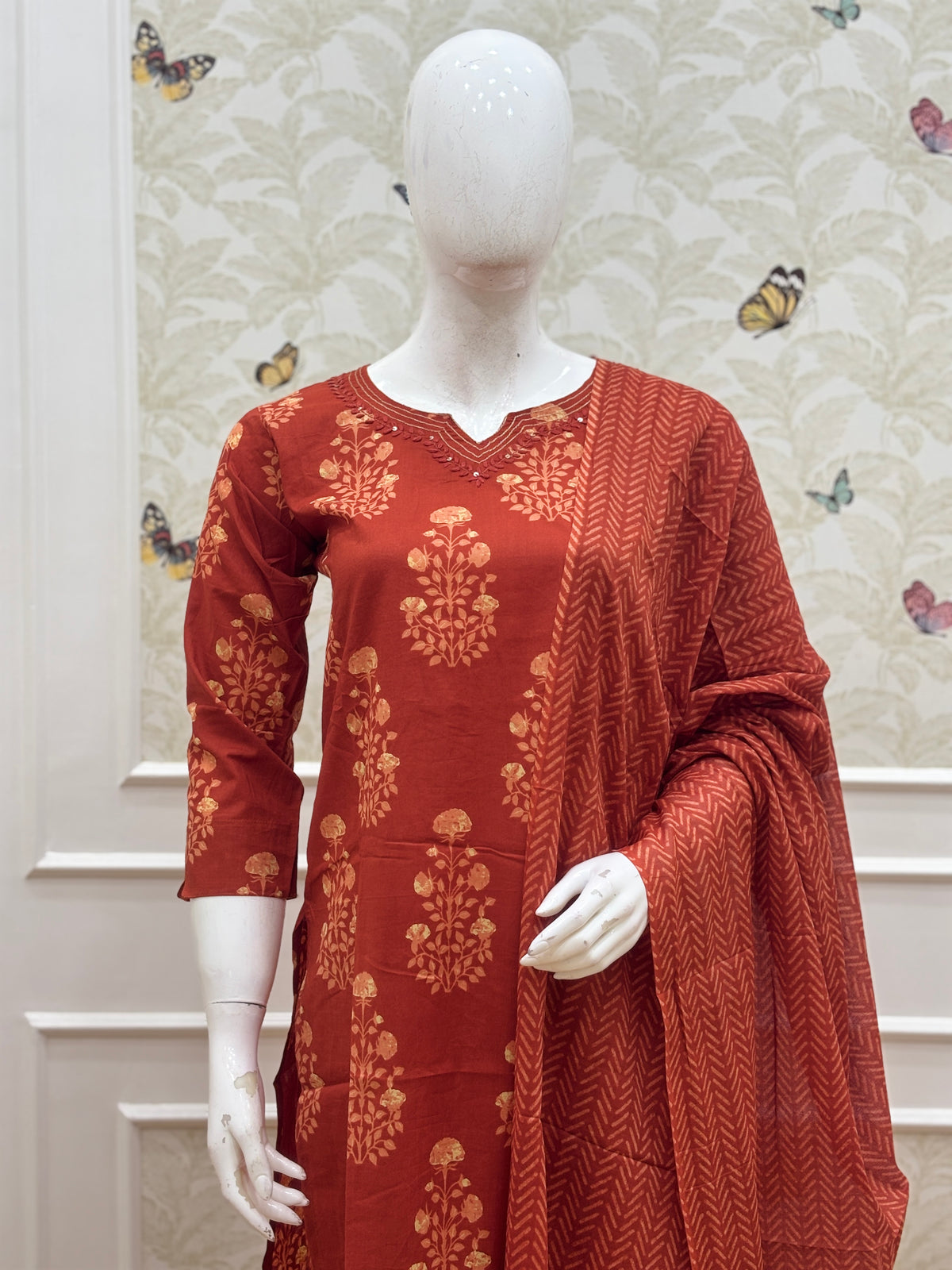 Brick Red Floral Butti Cotton 3-Piece Kurta Set