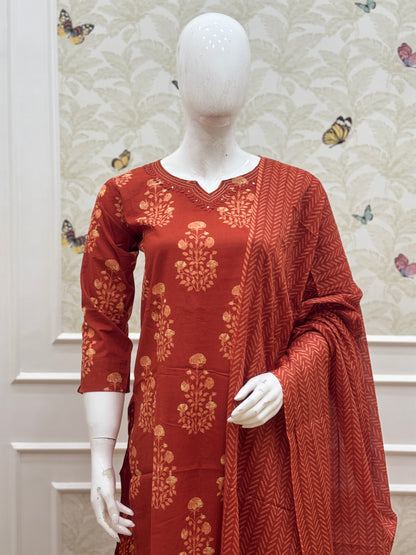 Brick Red Floral Butti Cotton 3-Piece Kurta Set