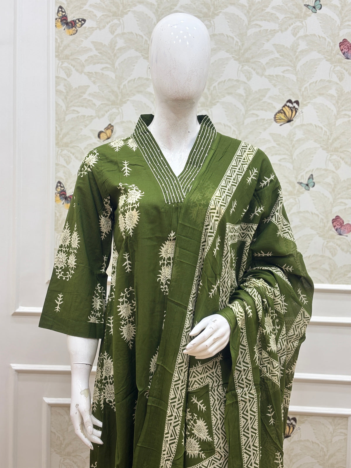 Olive Green Floral Print Chanderi Cotton 3-Piece Set