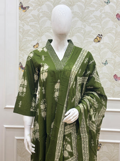 Olive Green Floral Print Chanderi Cotton 3-Piece Set