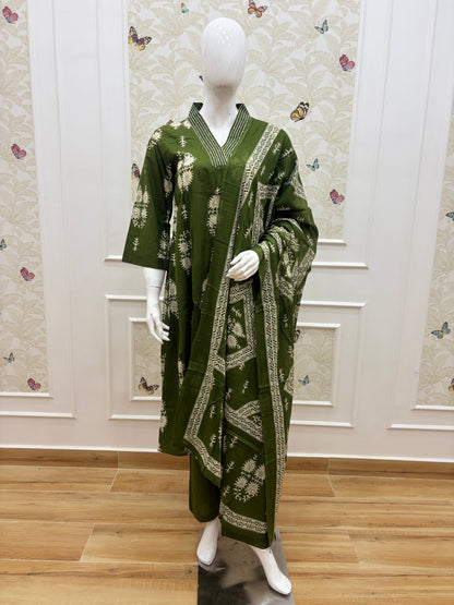 Olive Green Floral Print Chanderi Cotton 3-Piece Set