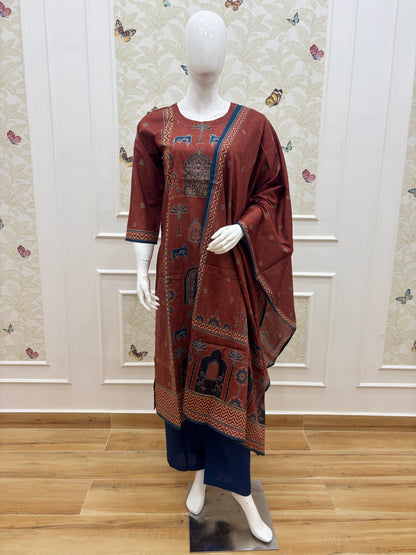 Rust Brown Elephant Motif Print Vatican Cotton 3-Piece Set