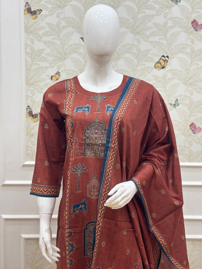 Rust Brown Elephant Motif Print Vatican Cotton 3-Piece Set