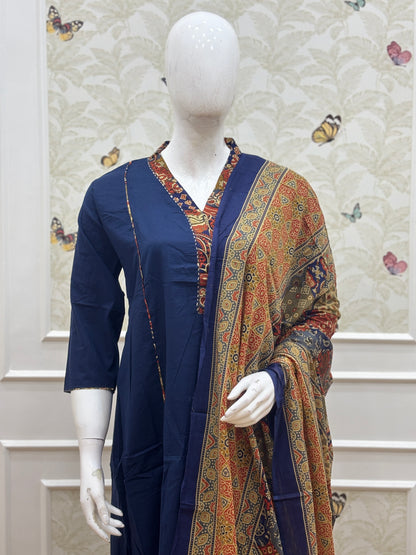 Navy Blue Kalamkari Print Chanderi Cotton 3-Piece Set