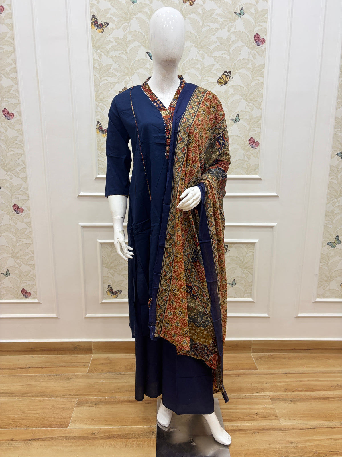 Navy Blue Kalamkari Print Chanderi Cotton 3-Piece Set