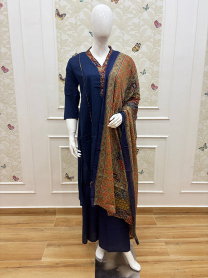 Navy Blue Kalamkari Print Chanderi Cotton 3-Piece Set
