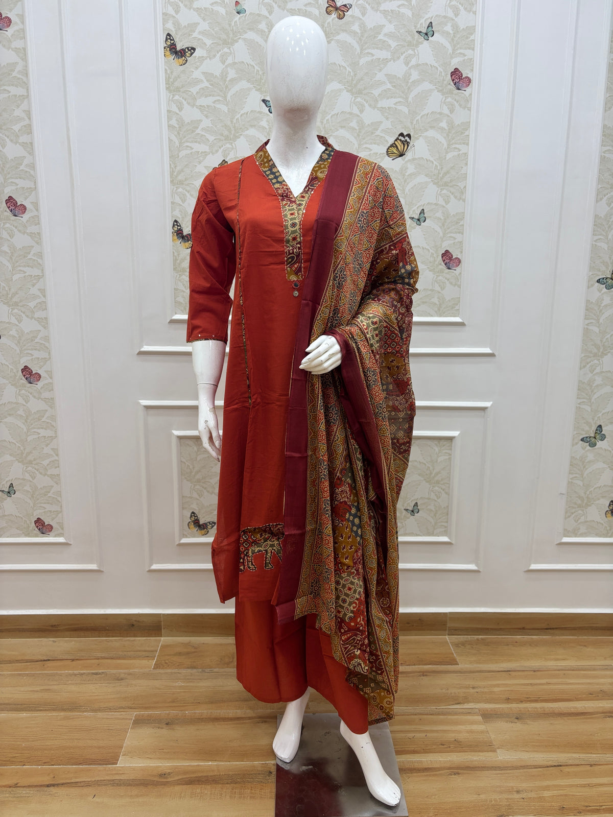 Rust Kalamkari Paisley Print Chanderi Cotton 3-Piece Set