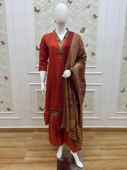 Rust Kalamkari Paisley Print Chanderi Cotton 3-Piece Set