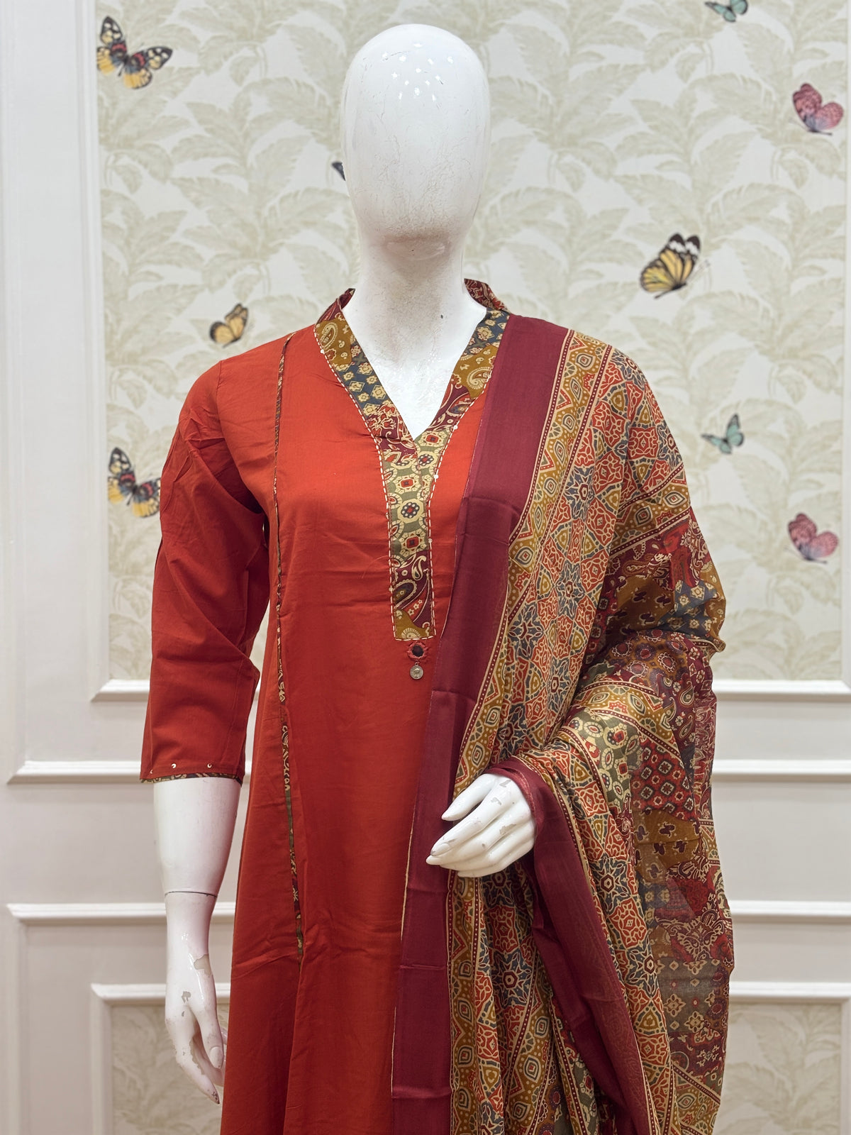 Rust Kalamkari Paisley Print Chanderi Cotton 3-Piece Set