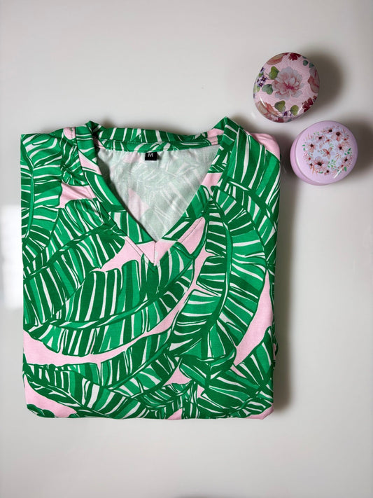 Green and White Leafy Printed Knitted V-Neck Cotton Lounge Frock