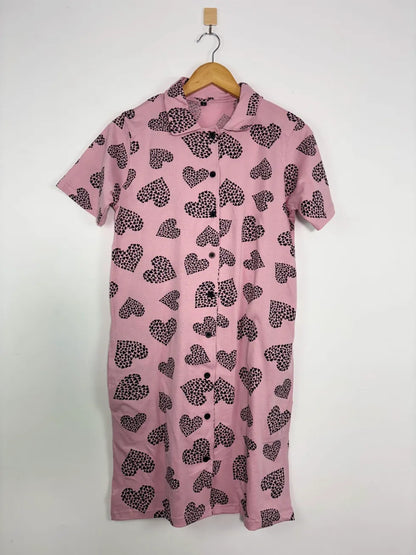Baby Pink Heart Printed Front Open Long Tunic