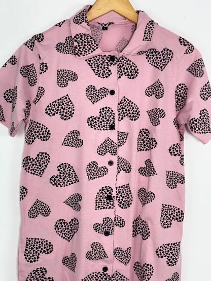 Baby Pink Heart Printed Front Open Long Tunic