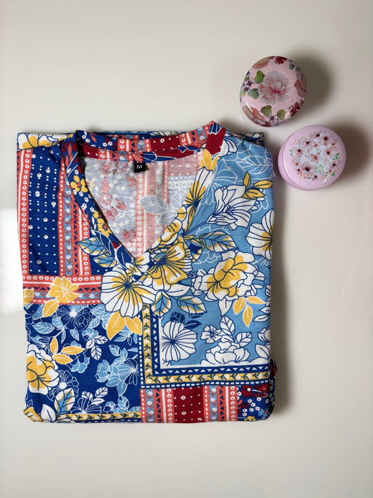 Multicolor Floral Printed Knitted V-Neck Cotton Lounge Frock