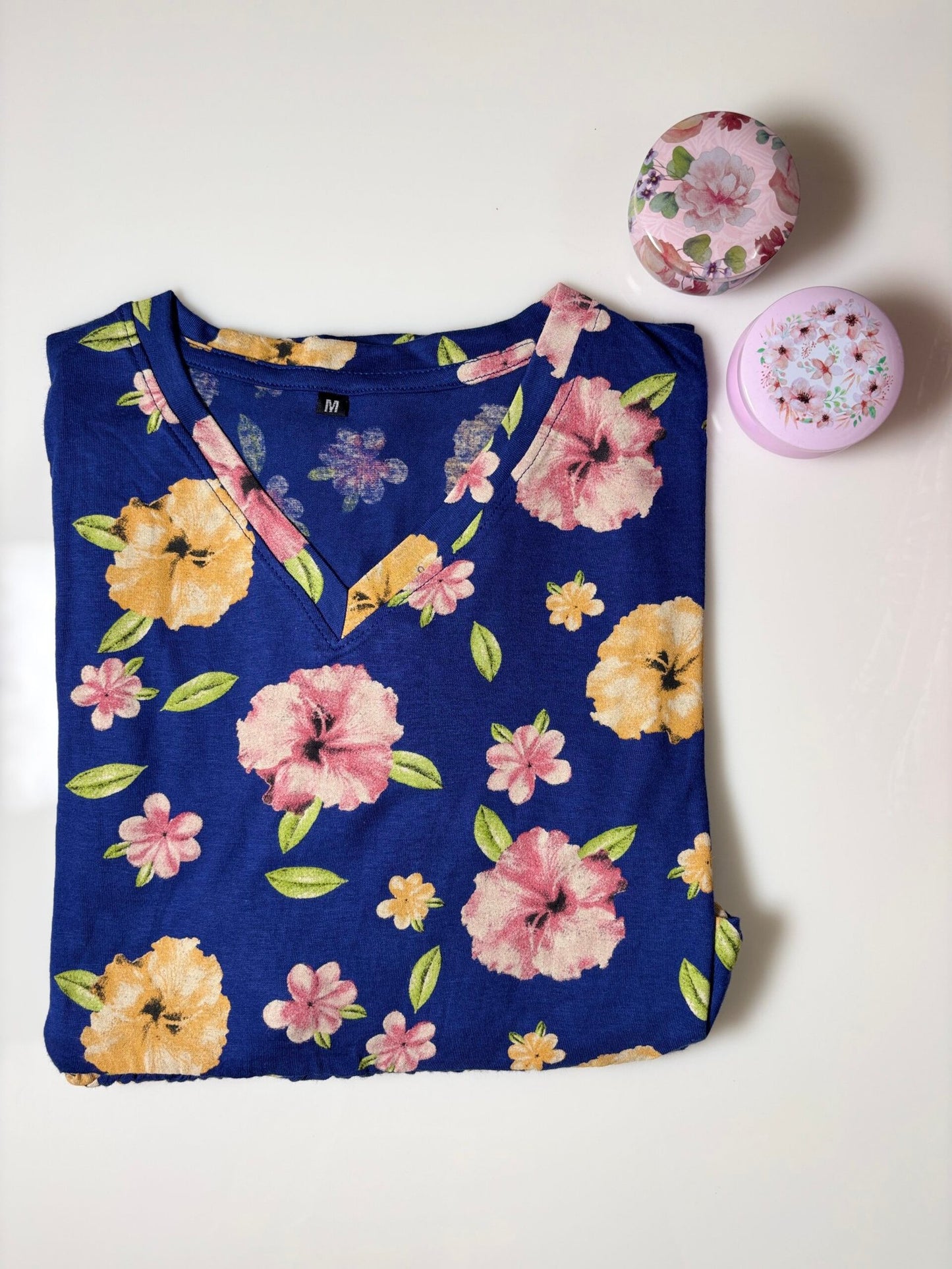 Blue Floral Printed Knitted V-Neck Cotton Lounge Frock