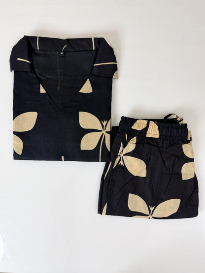 Black with Beige Leafy Printed Outdoor Wear Cotton Coords