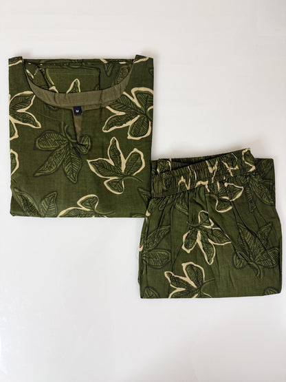 Dark Green with Floral Printed Outdoor Wear Cotton Coords