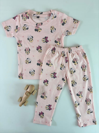 Baby Pink Micky's Printed Interlock T-Shirt and Pant Co-ords