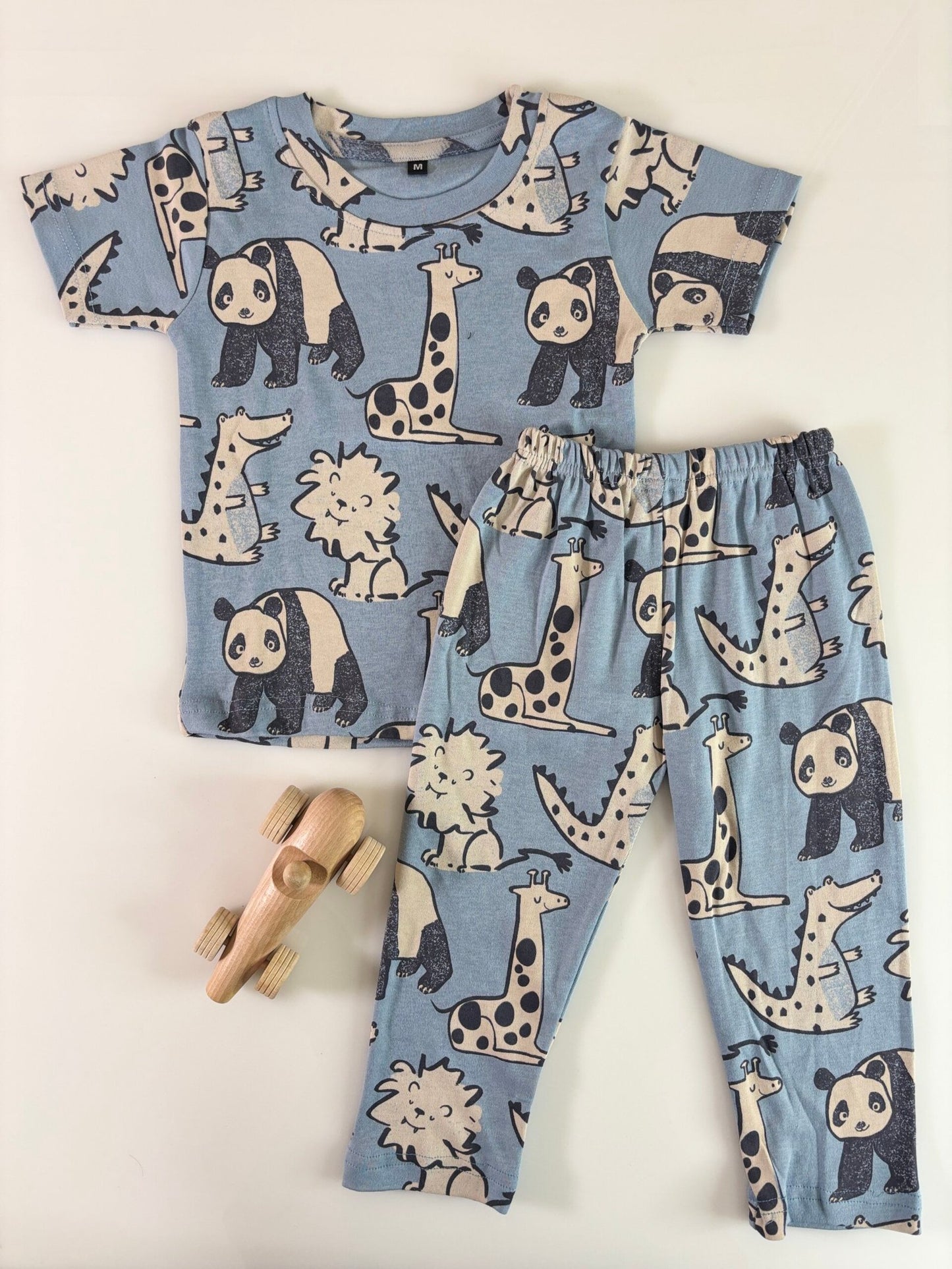 Blue Animals Motifs Printed Interlock T-Shirt and Pant Co-ords
