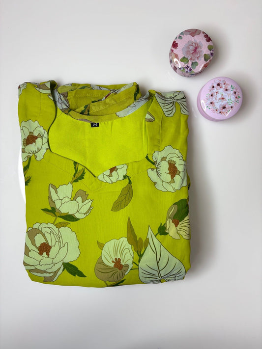 Lime Green Floral Printed Georgette Outdoor Non-Feeding Maxi