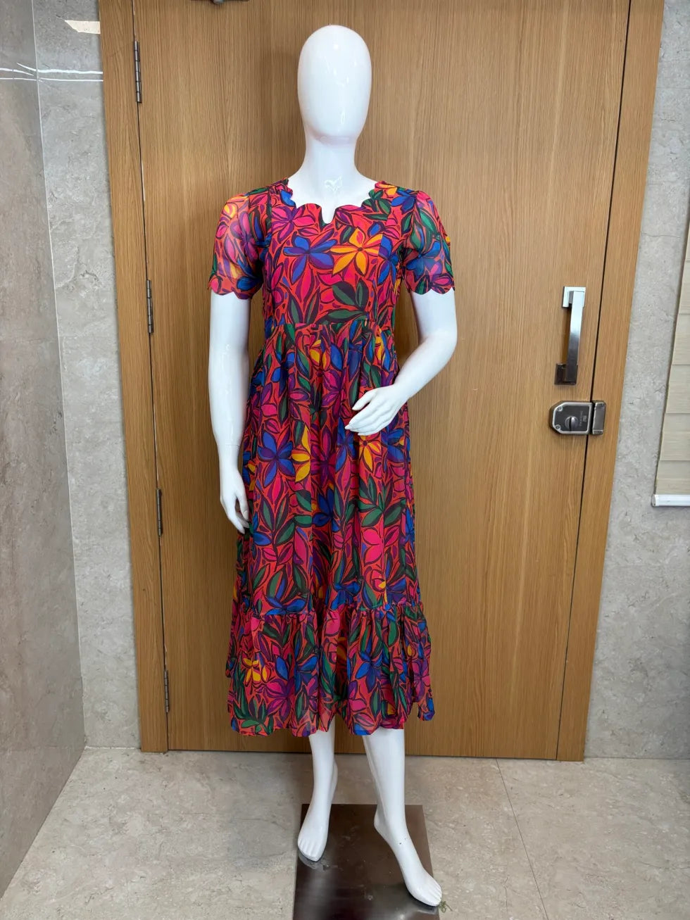 Deep Pink Floral Printed Georgette Outdoor Feeding Maxi