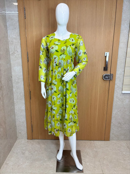 Lime Green Floral Printed Georgette Outdoor Non-Feeding Maxi