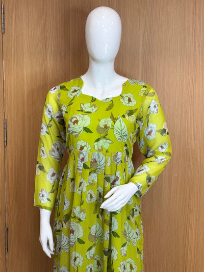 Lime Green Floral Printed Georgette Outdoor Non-Feeding Maxi