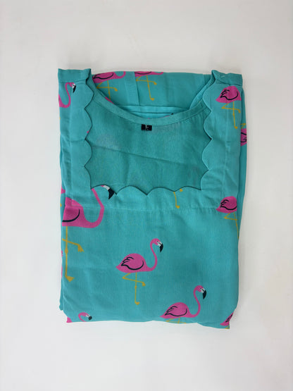Turquoise Flamingo Print Georgette Non-Feeding Maxi Dress