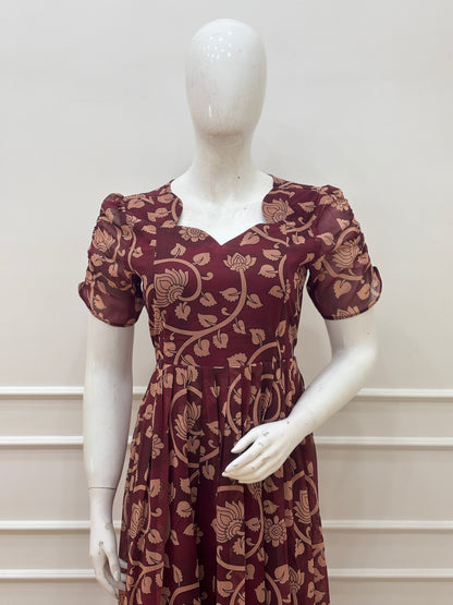 Maroon Floral Kalamkari Feeding Maxi Dress
